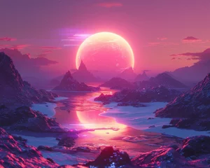 Photo sur Plexiglas Réflexion Eclipse Over an Icy Extraterrestrial Landscape A breathtaking eclipse looms over a frozen landscape with pink hues reflecting off the icy surface.