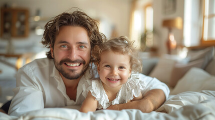 Real estate and mortgage concept : Family with child having fun in new home. Joyful first-time buyers in living room. Real estate, residential mortgage, moving into dream house.