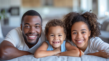 Real estate and mortgage concept : Family with child having fun in new home. Joyful first-time buyers in living room. Real estate, residential mortgage, moving into dream house.