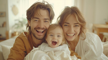 Real estate and mortgage concept : Family with child having fun in new home. Joyful first-time buyers in living room. Real estate, residential mortgage, moving into dream house.