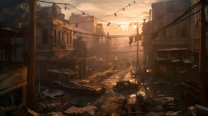 Obraz premium a wrecked city is lit by the sun