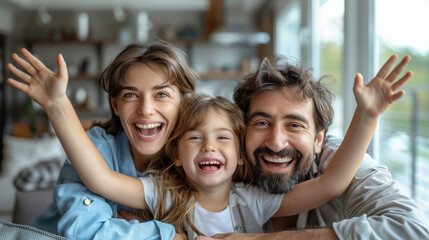 Real estate and mortgage concept : Family with child having fun in new home. Joyful first-time buyers in living room. Real estate, residential mortgage, moving into dream house.