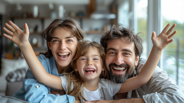 Real estate and mortgage concept : Family with child having fun in new home. Joyful first-time buyers in living room. Real estate, residential mortgage, moving into dream house.