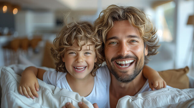 Real estate and mortgage concept : Family with child having fun in new home. Joyful first-time buyers in living room. Real estate, residential mortgage, moving into dream house.