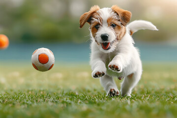 Playful little pup chasing a ball in the grassy yard on transparent background.jpg format.