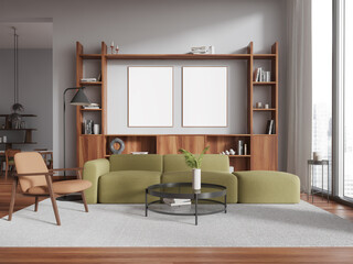 Fototapeta premium Modern living room interior with relax place with window, mockup frame
