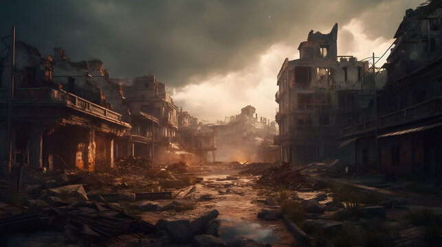  an image of a destroyed city and ruins in the sky
