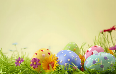 Easter eggs and tulips on grass against a yellow background. Studio setup with copy space for design and print, Easter celebration theme, Colorful easter eggs with flowers and green grass. 