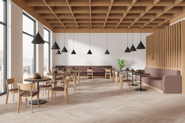 White restaurant interior with couches