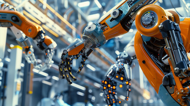 Robot and Human Working Together in a Factory, blue and orange color for the futuristic look.