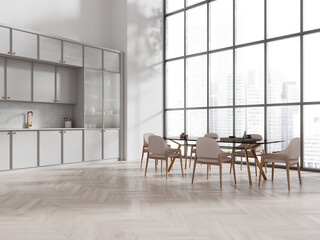 Fototapeta premium Light home kitchen interior with eating table and cabinet, panoramic window