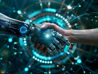 Handshaking between humans and robots in an era where AI technology plays an important role in every aspect of life.