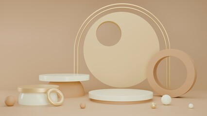 3D Rendering abstract brown beige background with podium Golden decoration