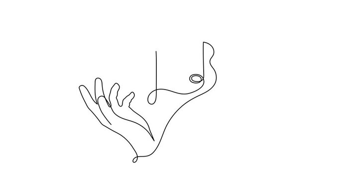 Hand hold musical treble clef one line art animation, hand drawn continuous contour motion. Artistic creative concept, minimalist outline design video. 4k self-drawing movie