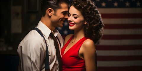 Dancing and smiling at a retro American fifties-themed party: A romantic couple. Concept Retro Theme, Fifties Style, Romantic Couple, Dancing, Smiling