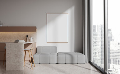 Fototapeta premium Modern studio interior with relax and cooking space, window and mockup frame