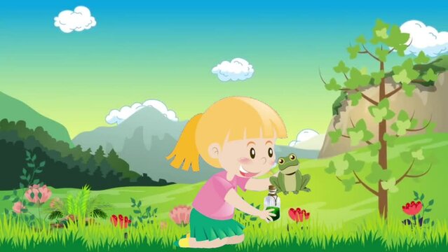little cute girl treat frog and gives medicine to frog With summer Landscape 2d Background animated