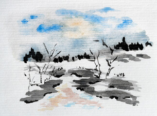 Spring nature sketch created with watercolor. Color illustration on watercolor paper