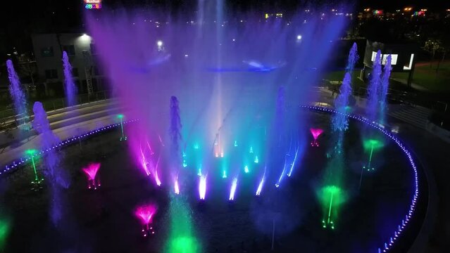park drone at night, artesian fountain park landscape