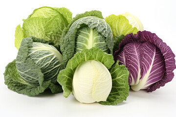 Fototapeta premium Horizontal image of various types of fresh and healthy cabbages: kale, green cabbage, red cabbage on white background with copy space. Ai generated