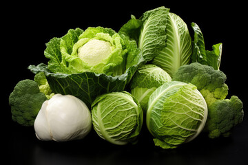 Fototapeta premium Various cabbages stacked on black background with copy space. Fresh seasonal vegetables with kale, white cabbage broccoli, savoy cabbage. Ai generated