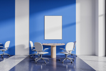 Blue office coworking interior with workplace and seats, mockup frame