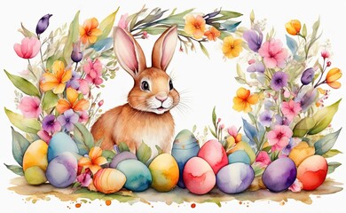 Illustration of Easter decoration concept. spring Floral and leaf watercolor painting and a funny...