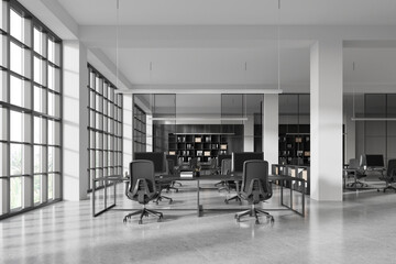 Modern office interior with coworking and meeting room near panoramic window