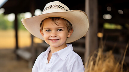 Cute little boy in cowboy hat on the background of a farm. Life on the farm, southern boy