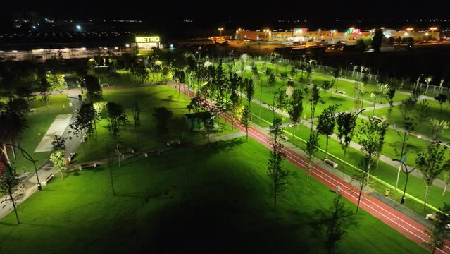 drone video with park and artesian fountain