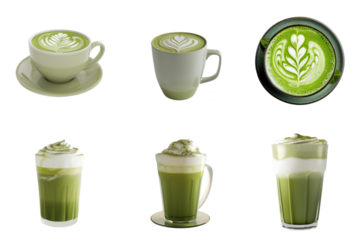 Matcha greentea latte set collection in 3d png transparent using for presentation.