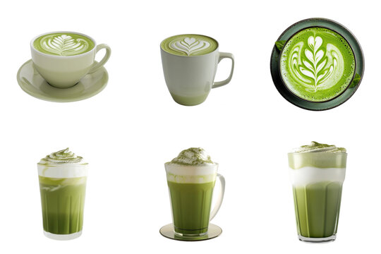 Matcha greentea latte set collection in 3d png transparent using for presentation.