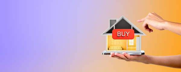 Woman hands with phone and house with buy sign
