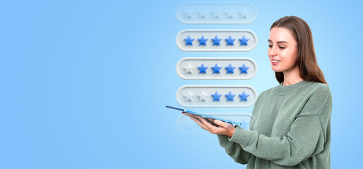 Woman with tablet and five stars rating