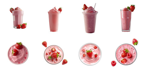 Set of strawberry smoothie mockup in 3d without backoground png for decoration.