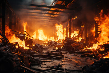 Obraz premium Intense Blaze Engulfs Industrial Interior.