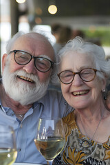 Senior couple at the restaurant posing for a picture smiling and hugging. Mature man and woman smile and enjoy lunch. Elderly happy lifestyle people together in relationship. Dating old mature