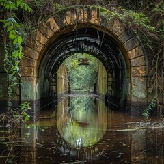 A Flooded and Abandoned Tunnel Covered with Foliage