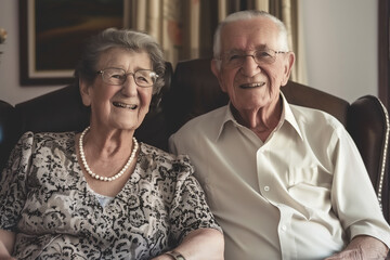 Senior couple sitting at home posing for a picture smiling and hugging. Mature man and woman smile and enjoy time. Elderly happy lifestyle people together in relationship. Life old mature