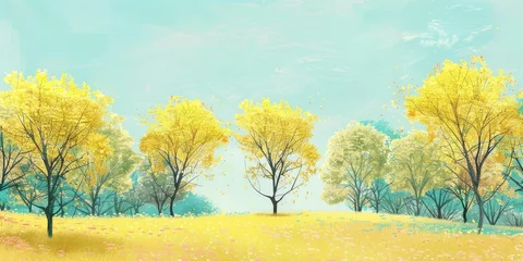 Zelfklevend Fotobehang Spring Scene with Trees in the Field, in the Style of Digital Illustration Delicate Flowers Charm - Yellow and Aquamarine Nature Landscape Background created with Generative AI Technology © Sentoriak