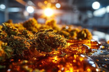 dry marijuana buds in concentrated amber resin. - obrazy, fototapety, plakaty