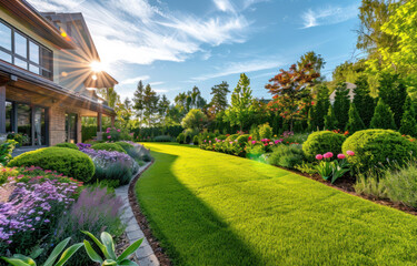 Fototapeta premium Perfect manicured lawn and flowerbed with shrubs in sunshine, on a backdrop of residential house backyard