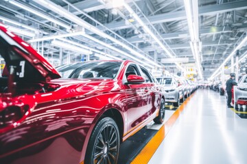 Car assembly line process at modern manufacturing plant on white background in automotive industry