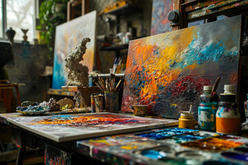 Colorful Abstract Painting on Artist's Workspace.