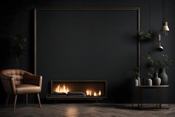 Mock up poster frame in dark interior background with fireplace, 3d render - obrazy, fototapety, plakaty