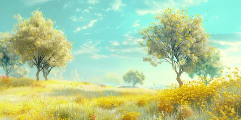 Papier Peint photo autocollant Jaune Spring Scene with Trees in the Field, in the Style of Digital Illustration Delicate Flowers Charm - Yellow and Aquamarine Nature Landscape Background created with Generative AI Technology