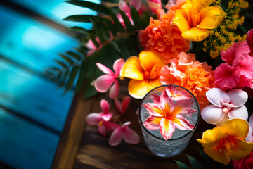 Artistic Cocktail Presentation with Tropical Flowers.