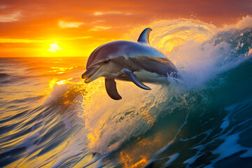 Dolphin Leaping from Ocean Wave at Sunset.