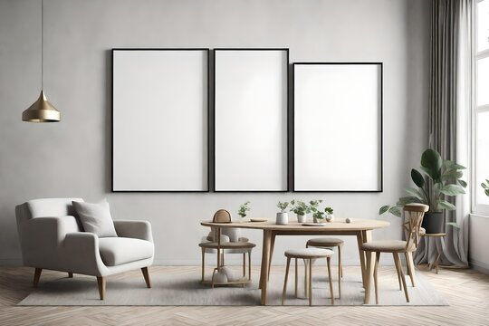 Mock up poster frame in home interior background, modern style, 3d render