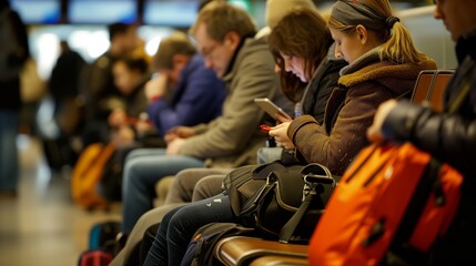 A group of people in warm clothing sit on brown benches, likely in a waiting area. Various bags and personal items are visible, indicating they might be travelers. - Powered by Adobe